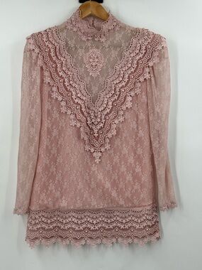 Karen Lawrence Vintage blush pink lace puff sleeve Victorian 80s romantic top